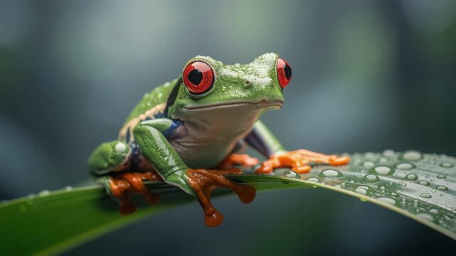 Close up of vibrant red eyed tree frog sitting on dew covered green leaf in natural rainforest habitat