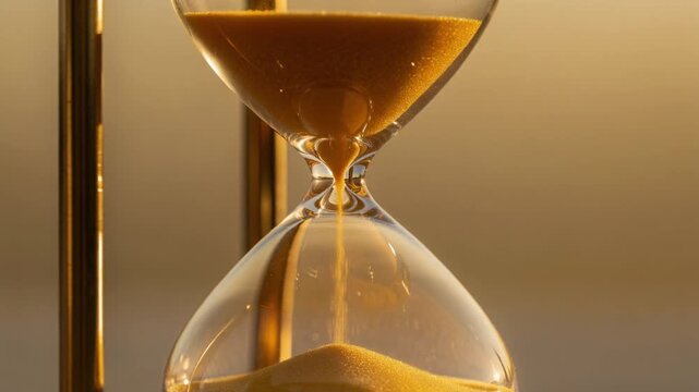 Close up of golden hourglass with flowing sand symbolizing time and patience concept
