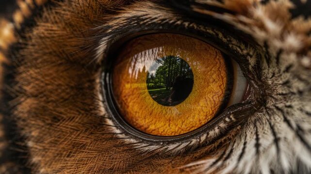 Close up of a tiger eye with reflection of forest and sky showing wildlife and nature detail