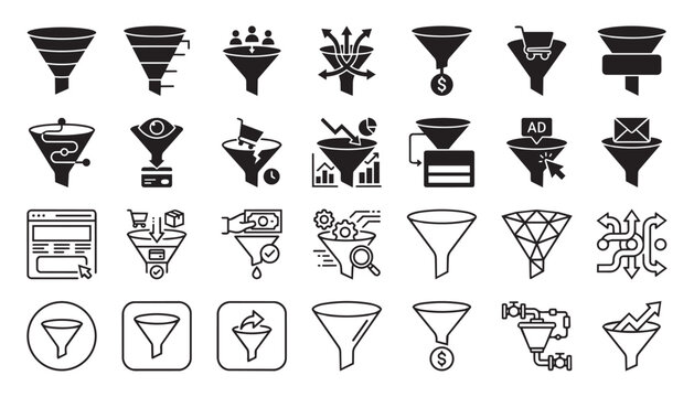 Creative funnel and trophy icon collection.