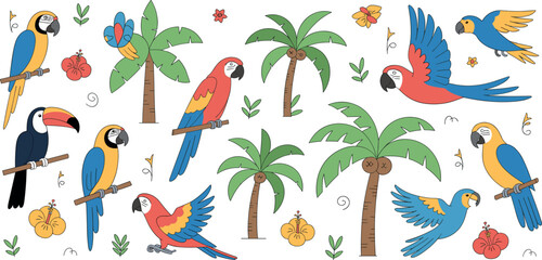 Tropical bird collection set featuring colorful parrots macaws and toucans with palm trees and hibiscus flowers on white background © MdAbdur