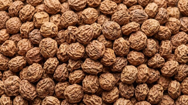 A detailed close up shot of a large pile of dried tiger nuts with their characteristic wrinkled brown surface a healthy snack ingredient