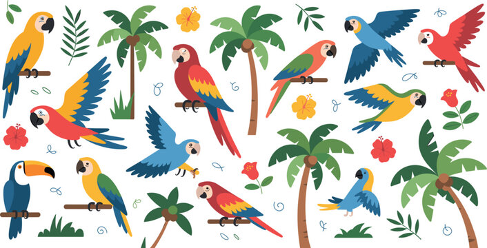 Tropical bird collection set featuring colorful parrots macaws and toucans with palm trees and hibiscus flowers on white background