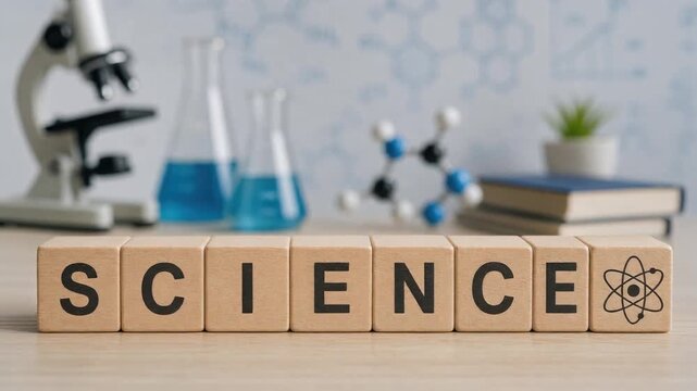 Concept of science with wooden blocks microscope molecular model and chemistry lab equipment