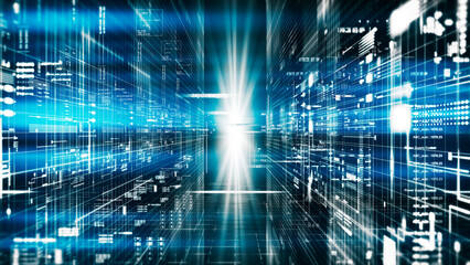 Fototapeta premium Futuristic 4K digital tunnel with glowing data streams and grid lines, ideal for technology, AI, innovation, cybersecurity, cloud computing, and digital transformation concepts.