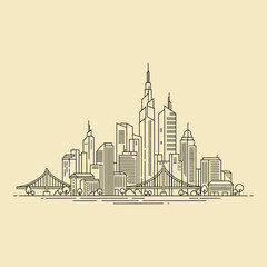 Obraz premium A minimalist line featuring a modern city skyline with skyscrapers and bridges set against a soft beige background, representing urban architecture and metropolitan concepts