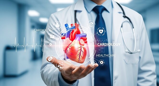 Cardiology healthcare professional presenting a digital heart model