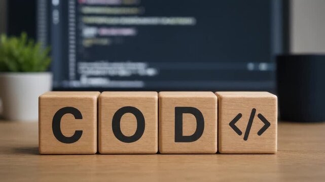 Wooden blocks spelling code with programming symbols on desk and blurred computer screen in background