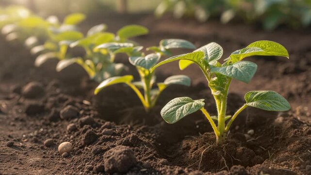 Young green potato plants growing in rich soil under natural sunlight in a farm field