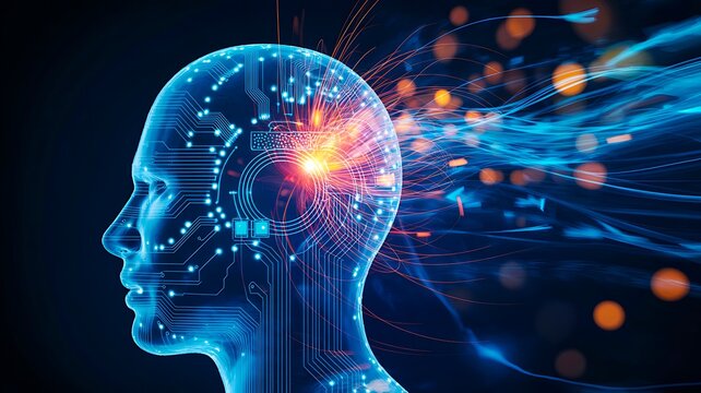 Artificial intelligence human head with glowing neural network and digital brain activity