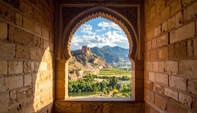 A stone arch window frames a picturesque view of a fortress atop a hill, with river & mountains under a blue sky