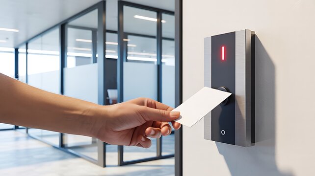 Modern office access control system with employee scanning security card at entrance