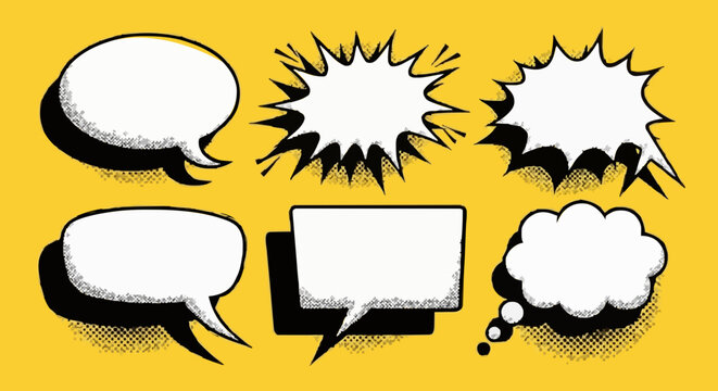 Retro empty comic speech bubbles set with black halftone shadows. Vintage design, pop art style - stock vector.