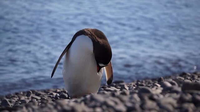 Gentoo penguin waddles along a rocky shore with blue ocean waves in background