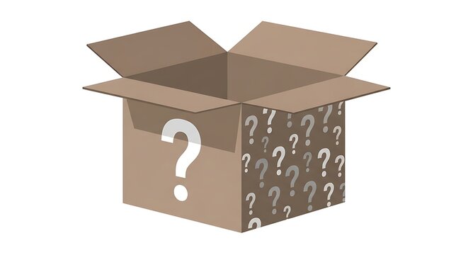 An open cardboard box featuring a large question mark symbol on the side to denote mystery goods.