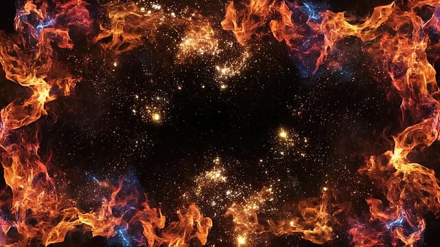 Vibrant cosmic fire and glowing sparks swirling in space with dark center and colorful flames