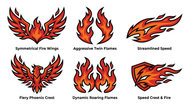 Collection of six vibrant flame logos including symmetrical wings, aggressive twin flames, and fiery crests on a white background.