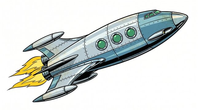 Retro futuristic spaceship flying with yellow flame exhaust in outer space