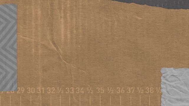 Textured abstract composition with torn paper pieces a grayscale chevron element and a graduated ruler
