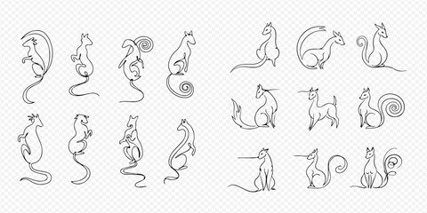 Fototapeta premium Set of minimalist line art illustrations featuring various fantasy creatures and mythical animals in different poses, perfect for graphic design elements.