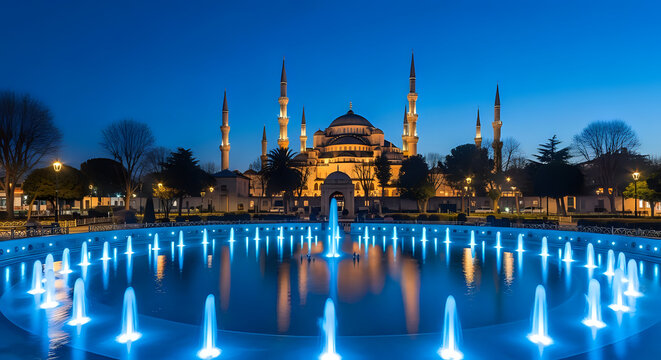 Hagia sophia mosque at night with illuminated fountain istanbul architecture landmark building