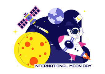 Naklejka premium International Moon Day Vector Illustration Featuring Astronaut Crescent Moon Space Rocket Satellite and Cosmic Exploration Theme Design