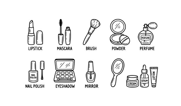 Makeup beauty doodle icon set vector illustration hand drawn cosmetic outline clipart