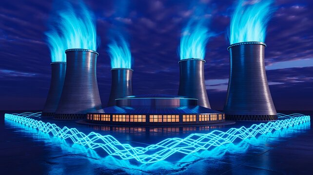 Futuristic nuclear power plant with glowing cooling towers and digital energy network concept