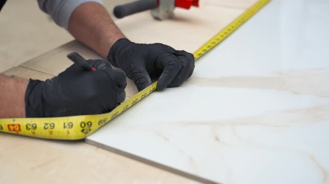Tile installer measuring and marking large ceramic tile before cutting. Professional home renovation