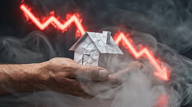 Economic recession forecasts with paper house held in hand and red downward arrow symbolizing market decline smoke and financial uncertainty impact housing market investment and value