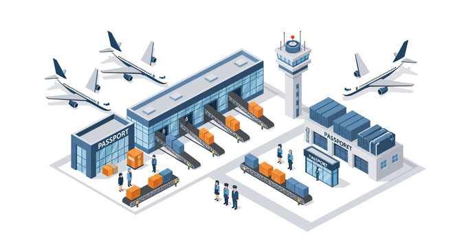 Isometric illustration of an airport baggage handling system with airplanes, control tower, and cargo loading operations.