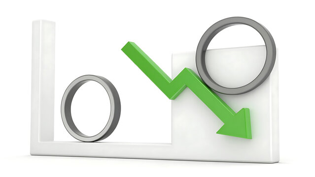 Business decline and financial loss concept with downward green arrow and magnifying glass isolated on white background