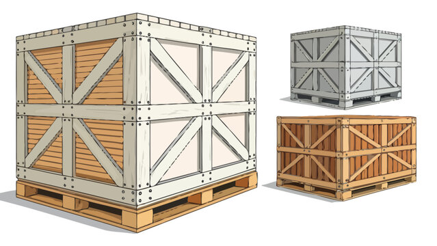 Three different styles of wooden crates on pallets suggesting storage and transport wooden box wood crate heavy duty plywood crate industrial crate shipping crate logistics box freight crate
