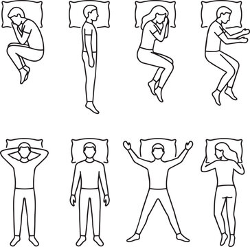 sleeping positions line art icons set with human poses and pillow vector illustration