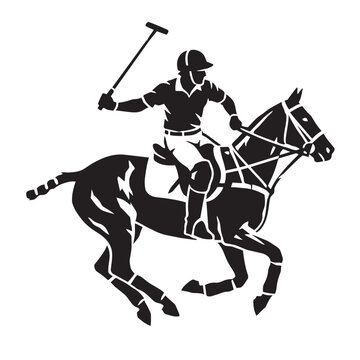 Polo player silhouette on galloping horse, equestrian sports vector icon, black and white polo match athlete with mallet, competitive horse riding graphic