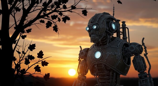 A mechanical robot standing alone in a calm field watching a beautiful sunset with a tree silhouette nearby