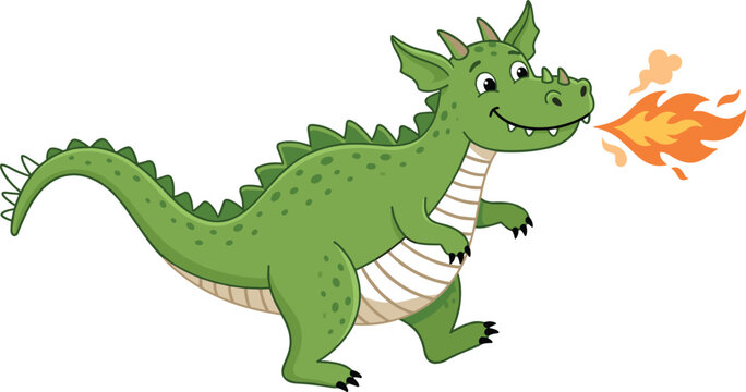 Cute green dragon breathing fire, adorable fantasy cartoon creature illustration for kids, fairytale and playful vector design