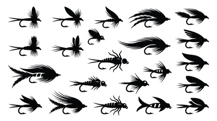 Fototapeta premium Collection of assorted fishing flies arranged in rows on a plain white background in a flat lay composition with black silhouettes.