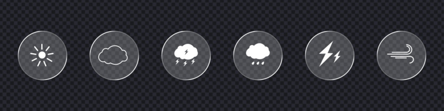 Glassmorphism weather icon set with sun, cloud, thunderstorm, rain, lightning, and wind symbols. Isolated vector illustration of frosted glass UI elements for modern web and mobile apps.