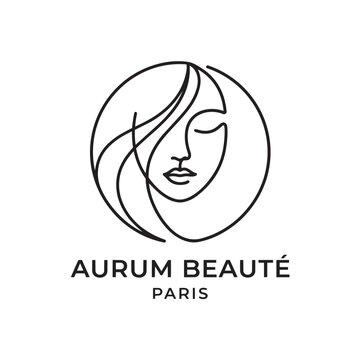 Minimalist woman face line art logo, elegant beauty salon branding vector, feminine aesthetic profile icon for Aurum Beaute Paris skincare