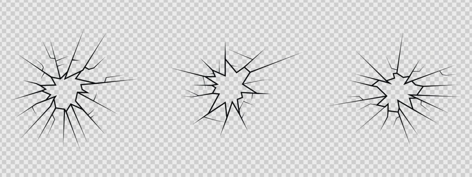 Broken glass texture and cracked window effect set. Isolated vector illustration of shattered glass holes with sharp edges on transparent background for accident or vandalism design.