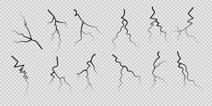 Broken wall crack texture and surface damage set. Isolated vector illustration of black earthquake fissures and stone split lines on transparent background for grunge design and overlay.