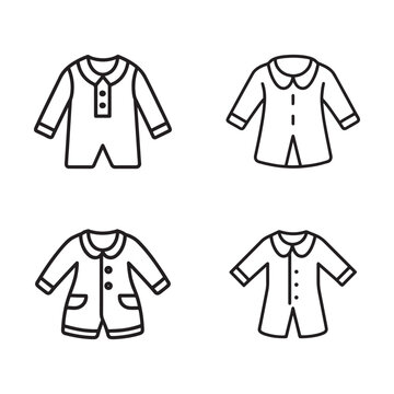 Four different line style baby onesies and a jacket  various styles and designs for newborn clothing  simple black outlines on white background