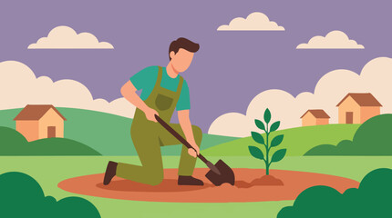 Man planting a young tree with a shovel in a rural landscape illustration © GraphWorks