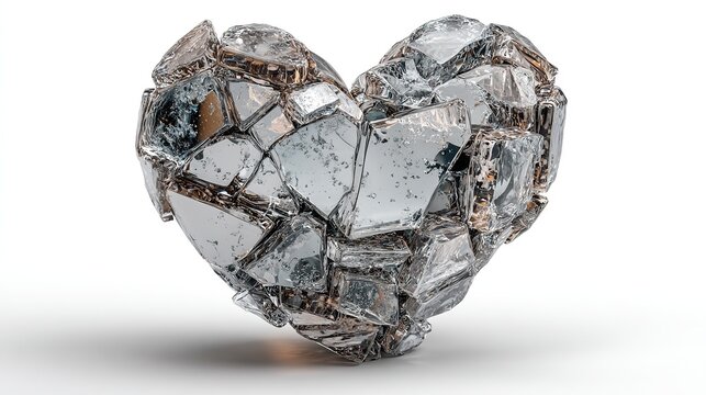 Heart made of shattered glass pieces carefully reassembled with delicate cracks visible, powerful healing concept symbolizing emotional recovery and resilience, isolated on clean white background. 
