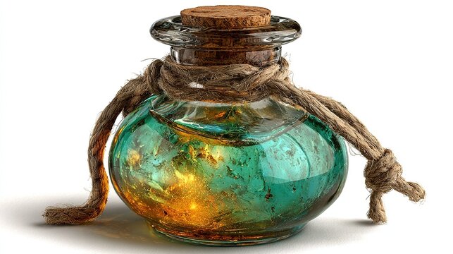 Enchanted magic potion bottle glowing with mystical luminescent liquid, isolated on clean white background.