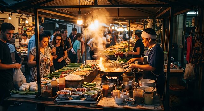 Street Food Chef Cooking Authentic Asian Dish in Night Market