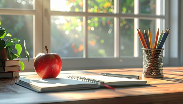 A bright study area with a red apple, notebooks, pencils, and a potted plant near a window letting in soft natural light.