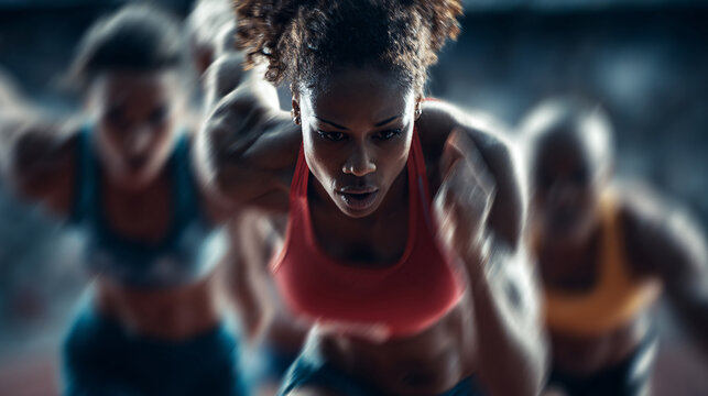 Dynamic photo of a female runner on a stadium, ultra-fast shutter speed, blurred background.