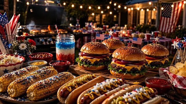 American barbecue table with burgers hot dogs grilled corn and patriotic desserts at outdoor party, festive USA food celebration, Fourth of July, America 250 anniversary.